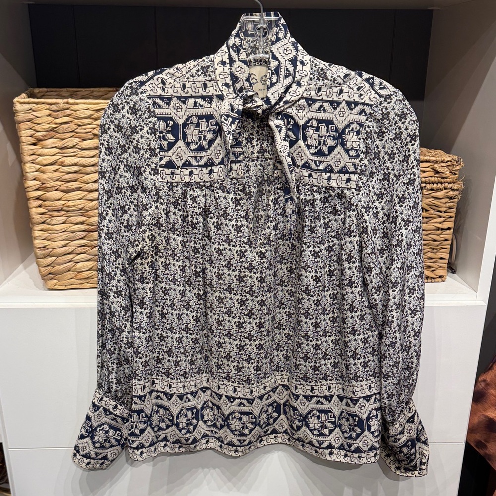 Sea New York Navy and White Printed Tie-Neck Blouse